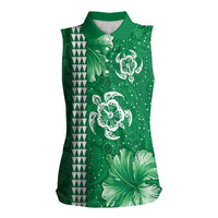 Green Hibiscus Turle Women Sleeveless Polo Shirt Hawaiian Style Tribal Tapa Pattern LT9 Female Green - Polynesian Pride