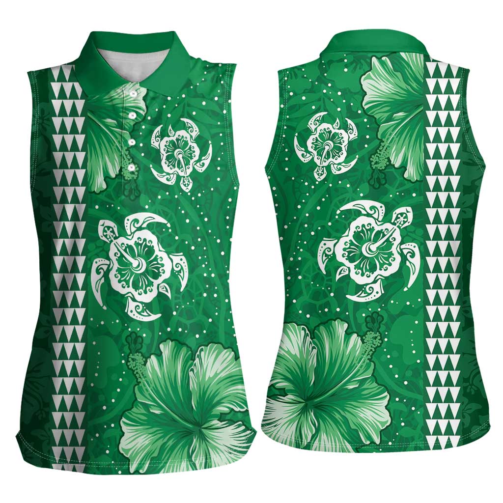 Green Hibiscus Turle Women Sleeveless Polo Shirt Hawaiian Style Tribal Tapa Pattern LT9 - Polynesian Pride