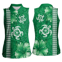 Green Hibiscus Turle Women Sleeveless Polo Shirt Hawaiian Style Tribal Tapa Pattern LT9 - Polynesian Pride
