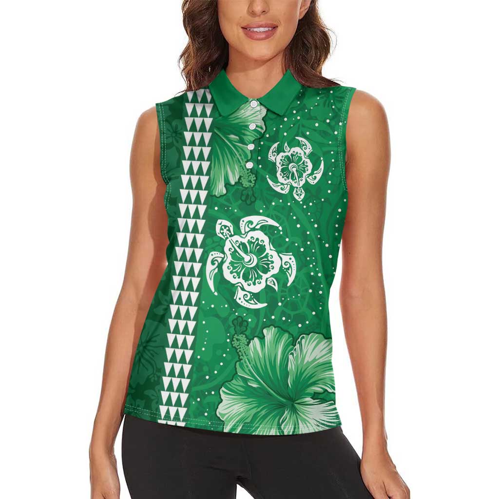 Green Hibiscus Turle Women Sleeveless Polo Shirt Hawaiian Style Tribal Tapa Pattern LT9 - Polynesian Pride