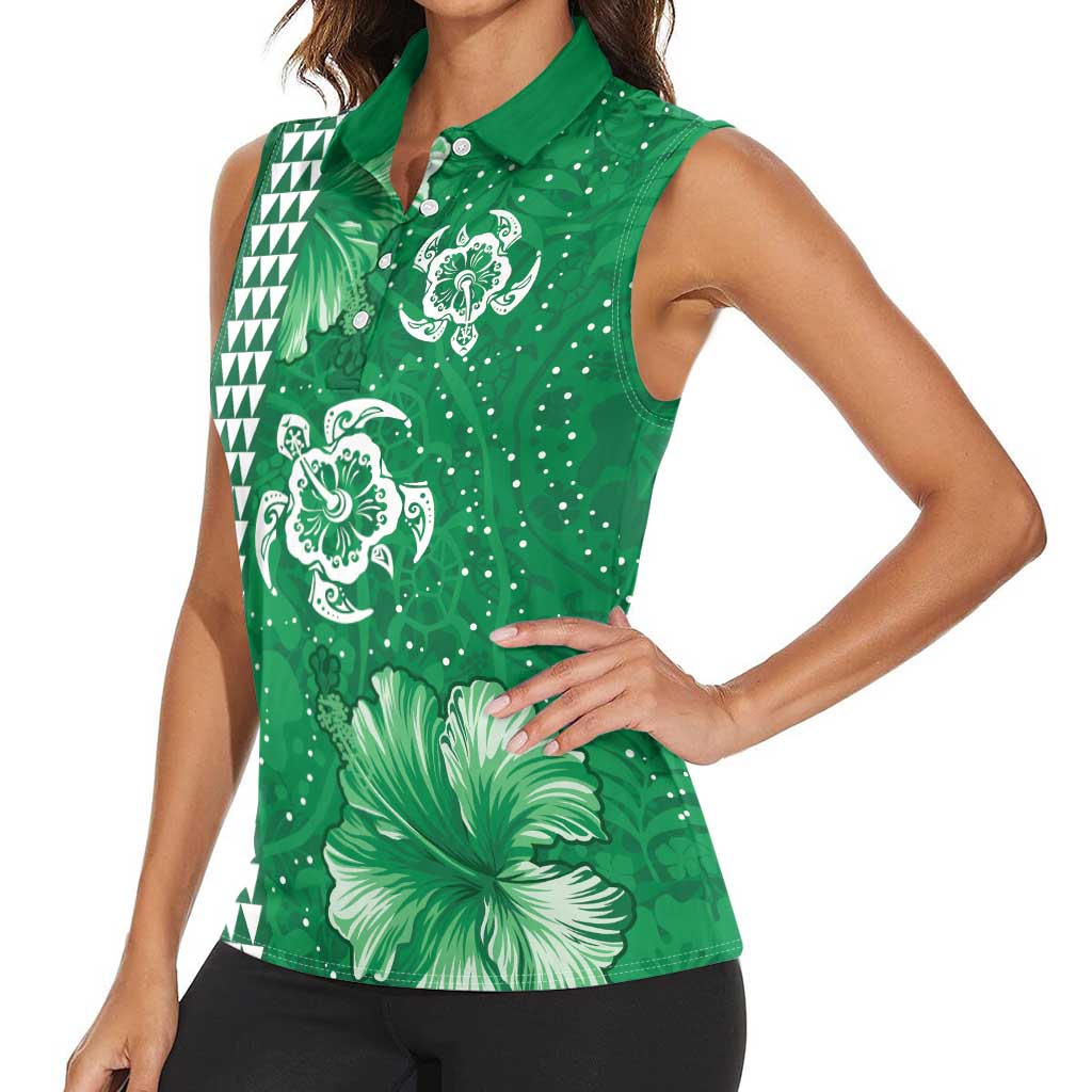 Green Hibiscus Turle Women Sleeveless Polo Shirt Hawaiian Style Tribal Tapa Pattern LT9 - Polynesian Pride