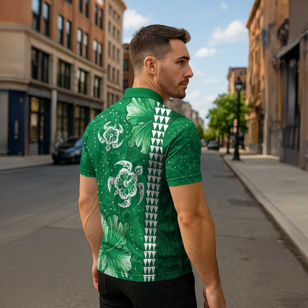 Green Hibiscus Turle Zipper Polo Shirt Hawaiian Style Tribal Tapa Pattern - Polynesian Pride