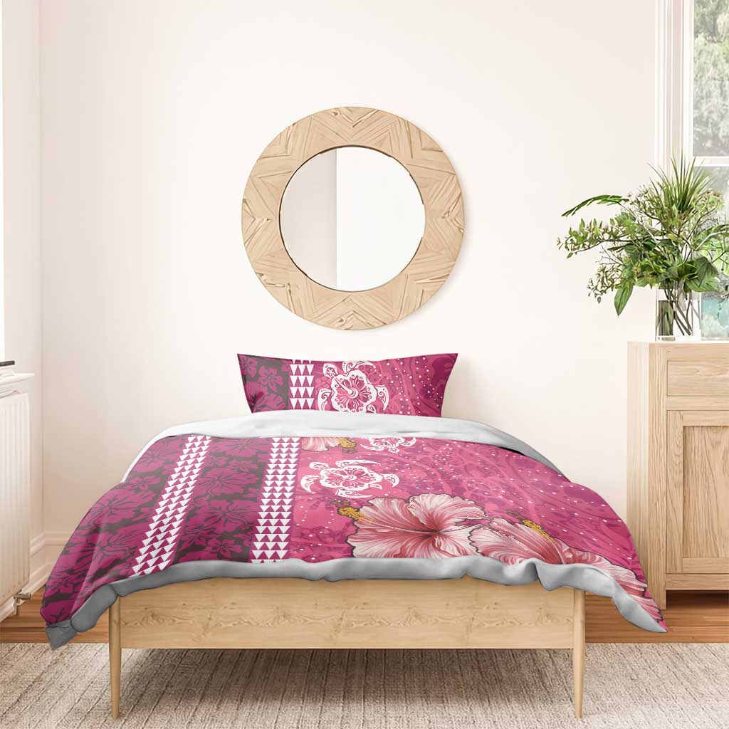 Pink Hibiscus Turle Bedding Set Hawaiian Style Tribal Tapa Pattern