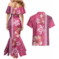 Pink Hibiscus Turle Couples Matching Mermaid Dress and Hawaiian Shirt Hawaiian Style Tribal Tapa Pattern LT9 - Polynesian Pride