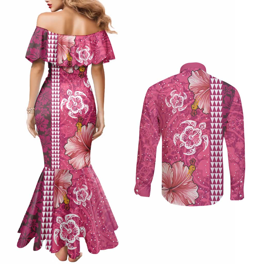 Pink Hibiscus Turle Couples Matching Mermaid Dress and Long Sleeve Button Shirt Hawaiian Style Tribal Tapa Pattern LT9 - Polynesian Pride