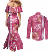 Pink Hibiscus Turle Couples Matching Mermaid Dress and Long Sleeve Button Shirt Hawaiian Style Tribal Tapa Pattern LT9 - Polynesian Pride