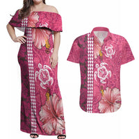 Pink Hibiscus Turle Couples Matching Off Shoulder Maxi Dress and Hawaiian Shirt Hawaiian Style Tribal Tapa Pattern LT9 Pink - Polynesian Pride