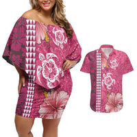 Pink Hibiscus Turle Couples Matching Off Shoulder Short Dress and Hawaiian Shirt Hawaiian Style Tribal Tapa Pattern LT9 Pink - Polynesian Pride