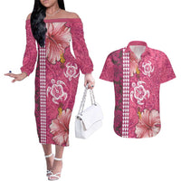 Pink Hibiscus Turle Couples Matching Off The Shoulder Long Sleeve Dress and Hawaiian Shirt Hawaiian Style Tribal Tapa Pattern LT9 Pink - Polynesian Pride