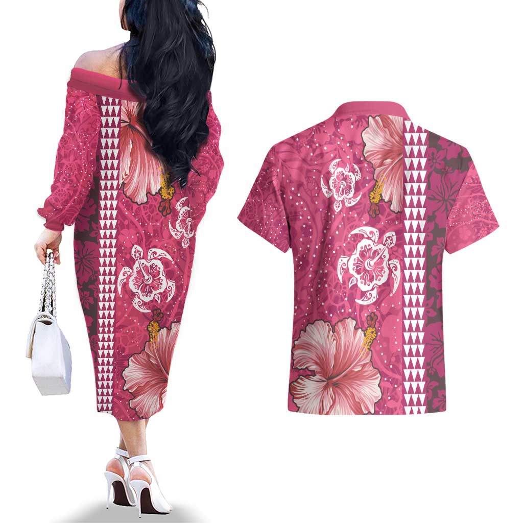 Pink Hibiscus Turle Couples Matching Off The Shoulder Long Sleeve Dress and Hawaiian Shirt Hawaiian Style Tribal Tapa Pattern LT9 - Polynesian Pride