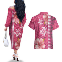 Pink Hibiscus Turle Couples Matching Off The Shoulder Long Sleeve Dress and Hawaiian Shirt Hawaiian Style Tribal Tapa Pattern LT9 - Polynesian Pride