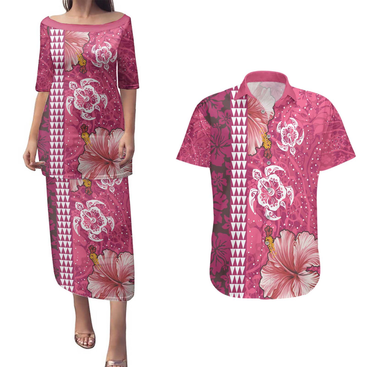 Pink Hibiscus Turle Couples Matching Puletasi and Hawaiian Shirt Hawaiian Style Tribal Tapa Pattern