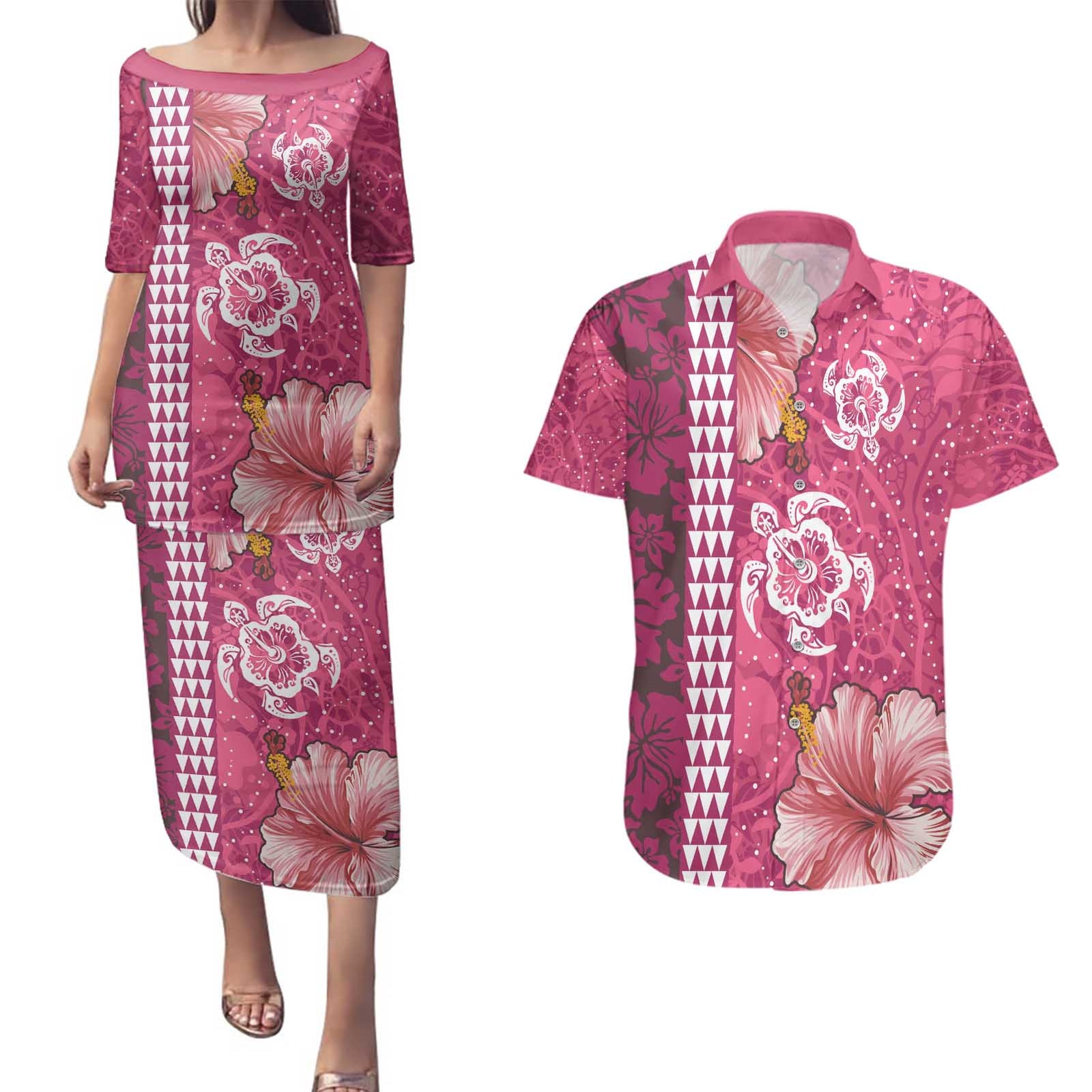 Pink Hibiscus Turle Couples Matching Puletasi and Hawaiian Shirt Hawaiian Style Tribal Tapa Pattern