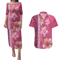 Pink Hibiscus Turle Couples Matching Puletasi and Hawaiian Shirt Hawaiian Style Tribal Tapa Pattern