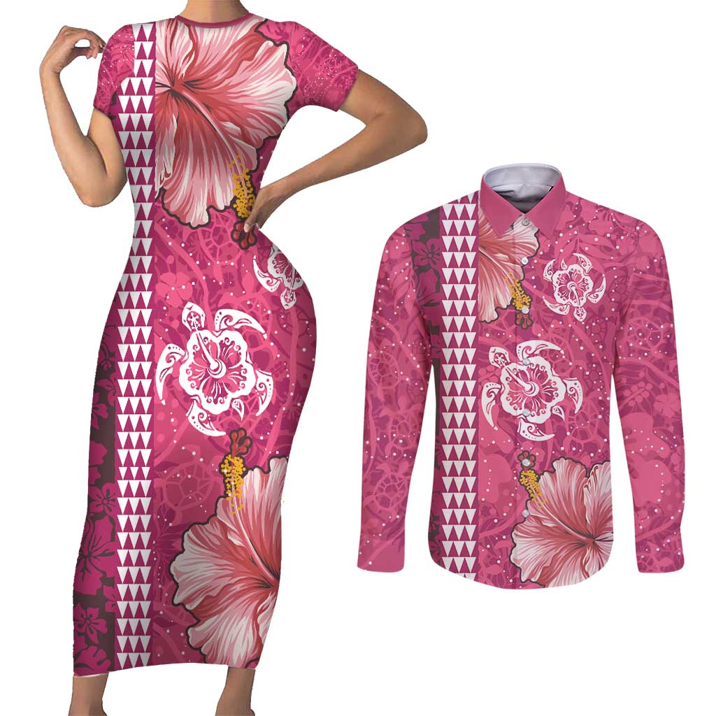 Pink Hibiscus Turle Couples Matching Short Sleeve Bodycon Dress and Long Sleeve Button Shirt Hawaiian Style Tribal Tapa Pattern LT9 Pink - Polynesian Pride