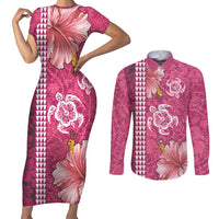 Pink Hibiscus Turle Couples Matching Short Sleeve Bodycon Dress and Long Sleeve Button Shirt Hawaiian Style Tribal Tapa Pattern LT9 Pink - Polynesian Pride