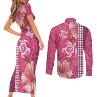 Pink Hibiscus Turle Couples Matching Short Sleeve Bodycon Dress and Long Sleeve Button Shirt Hawaiian Style Tribal Tapa Pattern LT9 - Polynesian Pride