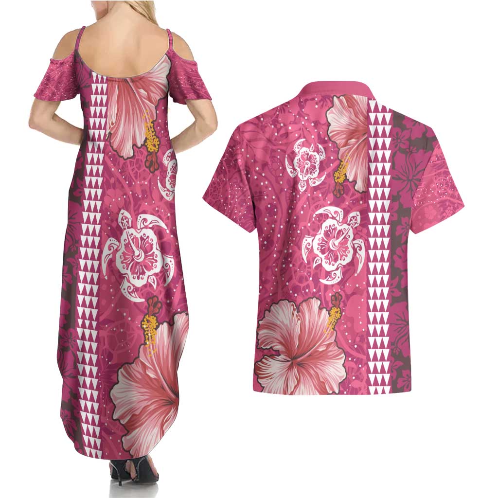 Pink Hibiscus Turle Couples Matching Summer Maxi Dress and Hawaiian Shirt Hawaiian Style Tribal Tapa Pattern LT9 - Polynesian Pride