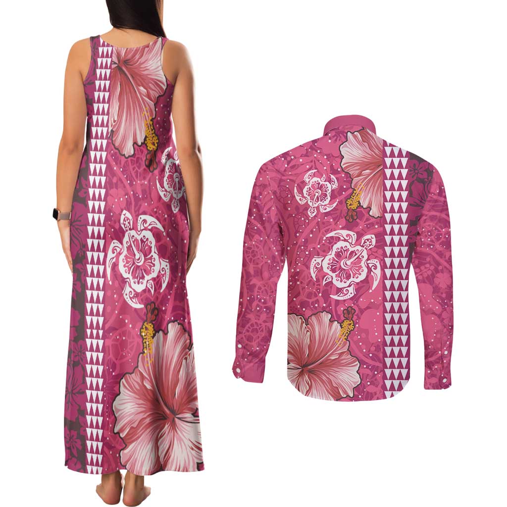 Pink Hibiscus Turle Couples Matching Tank Maxi Dress and Long Sleeve Button Shirt Hawaiian Style Tribal Tapa Pattern LT9 - Polynesian Pride