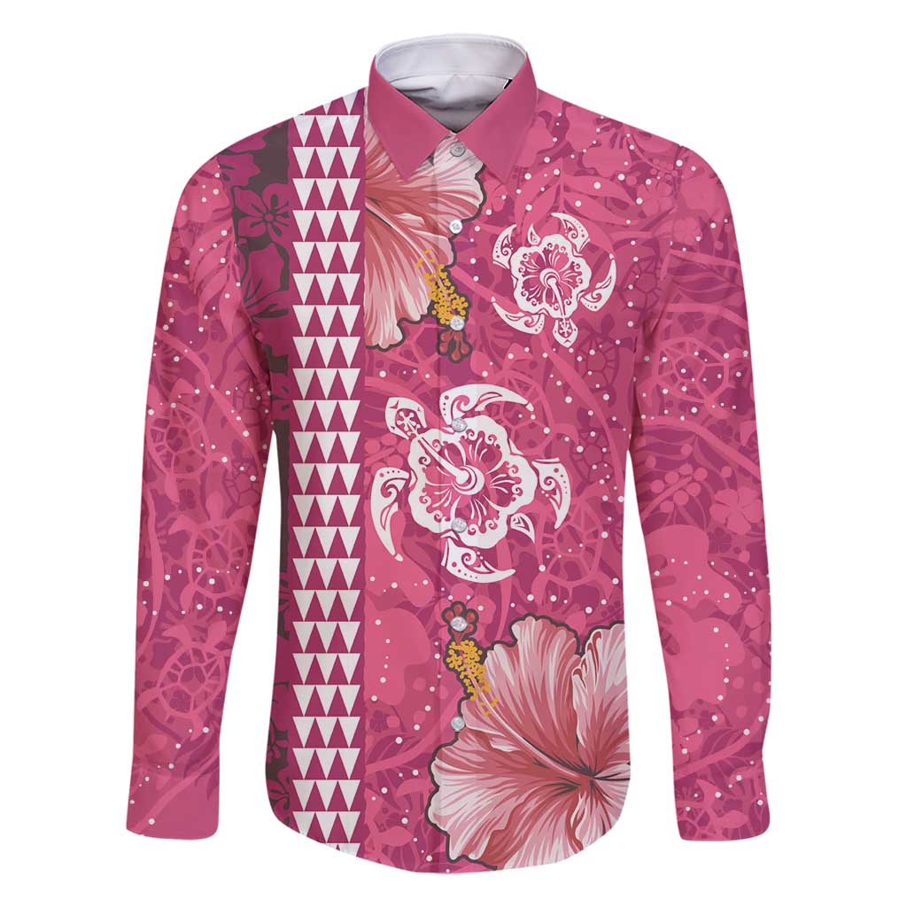 Pink Hibiscus Turle Family Matching Long Sleeve Bodycon Dress and Hawaiian Shirt Hawaiian Style Tribal Tapa Pattern LT9 Dad's Shirt - Long Sleeve Pink - Polynesian Pride