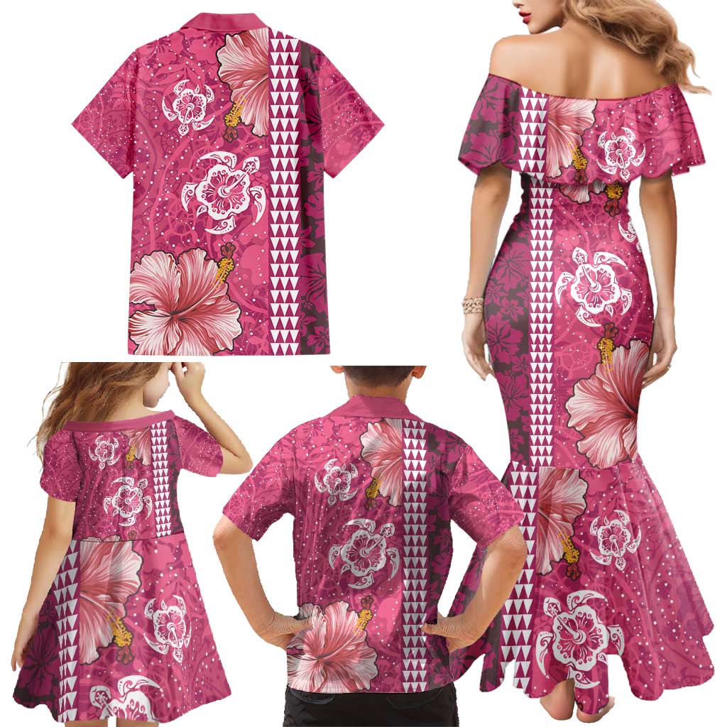 Pink Hibiscus Turle Family Matching Mermaid Dress and Hawaiian Shirt Hawaiian Style Tribal Tapa Pattern LT9 - Polynesian Pride