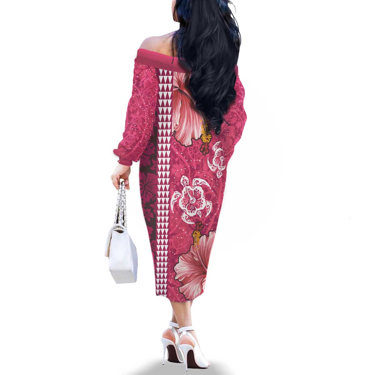 Pink Hibiscus Turle Family Matching Off The Shoulder Long Sleeve Dress and Hawaiian Shirt Hawaiian Style Tribal Tapa Pattern LT9 - Polynesian Pride