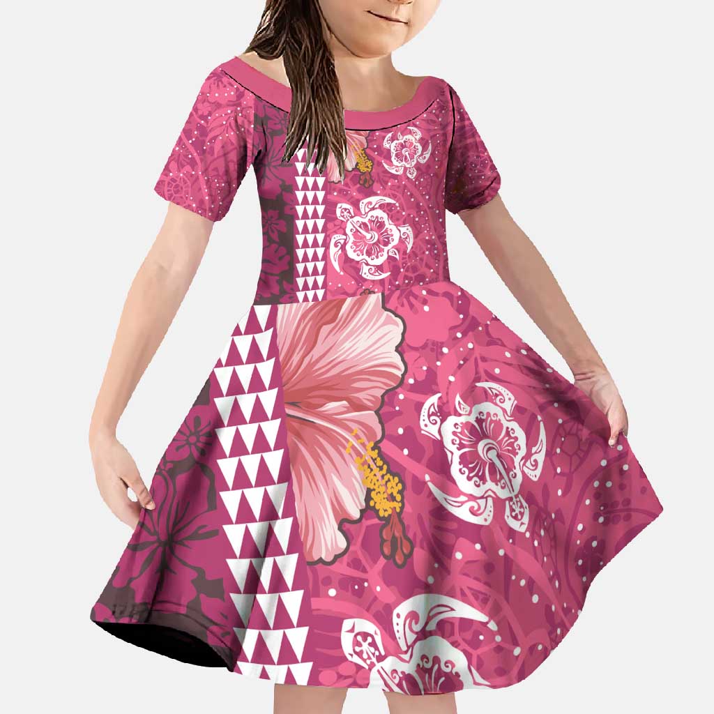 Pink Hibiscus Turle Family Matching Off Shoulder Maxi Dress and Hawaiian Shirt Hawaiian Style Tribal Tapa Pattern LT9 Daughter's Dress Pink - Polynesian Pride
