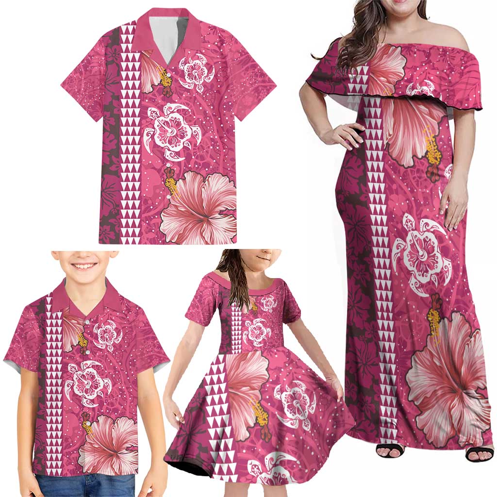 Pink Hibiscus Turle Family Matching Off Shoulder Maxi Dress and Hawaiian Shirt Hawaiian Style Tribal Tapa Pattern LT9 - Polynesian Pride