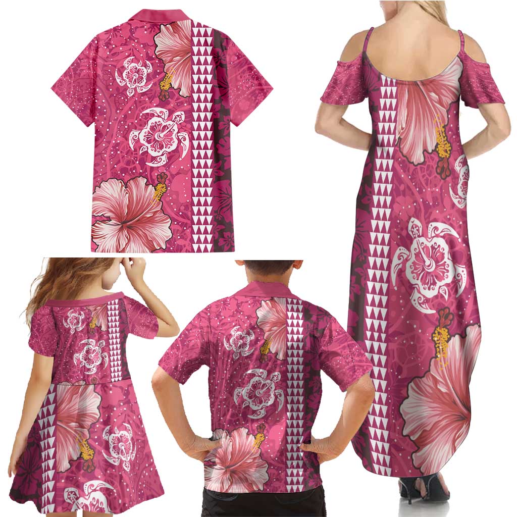 Pink Hibiscus Turle Family Matching Summer Maxi Dress and Hawaiian Shirt Hawaiian Style Tribal Tapa Pattern LT9 - Polynesian Pride