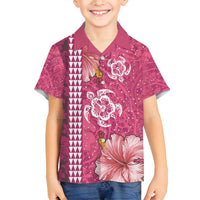 Pink Hibiscus Turle Family Matching Summer Maxi Dress and Hawaiian Shirt Hawaiian Style Tribal Tapa Pattern LT9 Son's Shirt Pink - Polynesian Pride