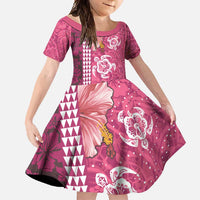 Pink Hibiscus Turle Family Matching Tank Maxi Dress and Hawaiian Shirt Hawaiian Style Tribal Tapa Pattern LT9 Daughter's Dress Pink - Polynesian Pride