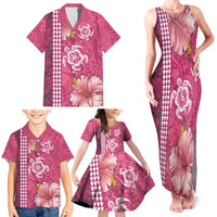 Pink Hibiscus Turle Family Matching Tank Maxi Dress and Hawaiian Shirt Hawaiian Style Tribal Tapa Pattern LT9 - Polynesian Pride