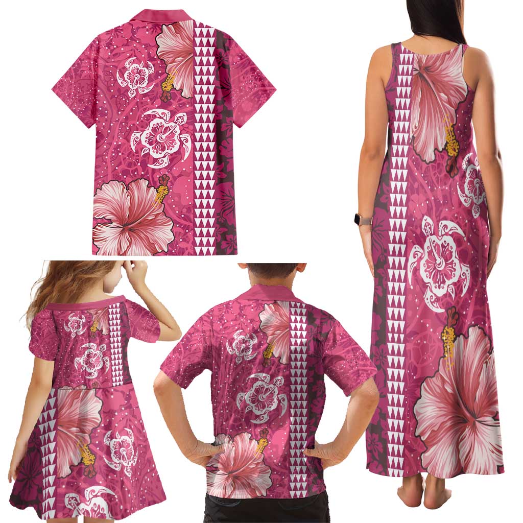 Pink Hibiscus Turle Family Matching Tank Maxi Dress and Hawaiian Shirt Hawaiian Style Tribal Tapa Pattern LT9 - Polynesian Pride