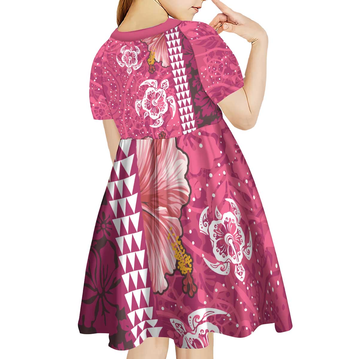 Pink Hibiscus Turle Kid Short Sleeve Dress Hawaiian Style Tribal Tapa Pattern