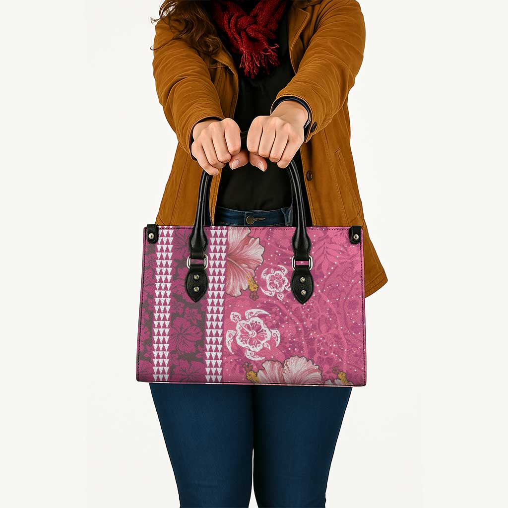 Pink Hibiscus Turle Leather Bag Hawaiian Style Tribal Tapa Pattern - Polynesian Pride