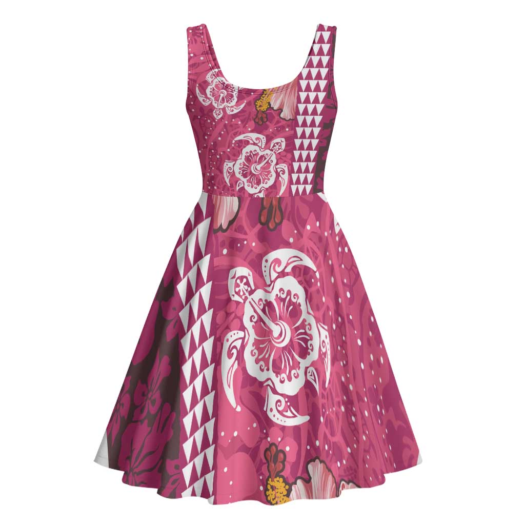 Pink Hibiscus Turle Midi Dress Hawaiian Style Tribal Tapa Pattern - Polynesian Pride