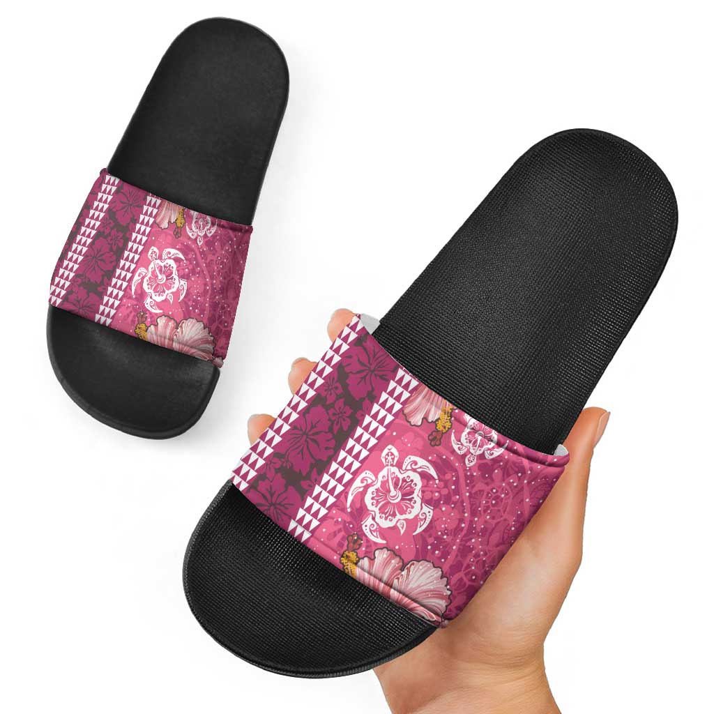 Pink Hibiscus Turle Slide Sandals Hawaiian Style Tribal Tapa Pattern - Polynesian Pride