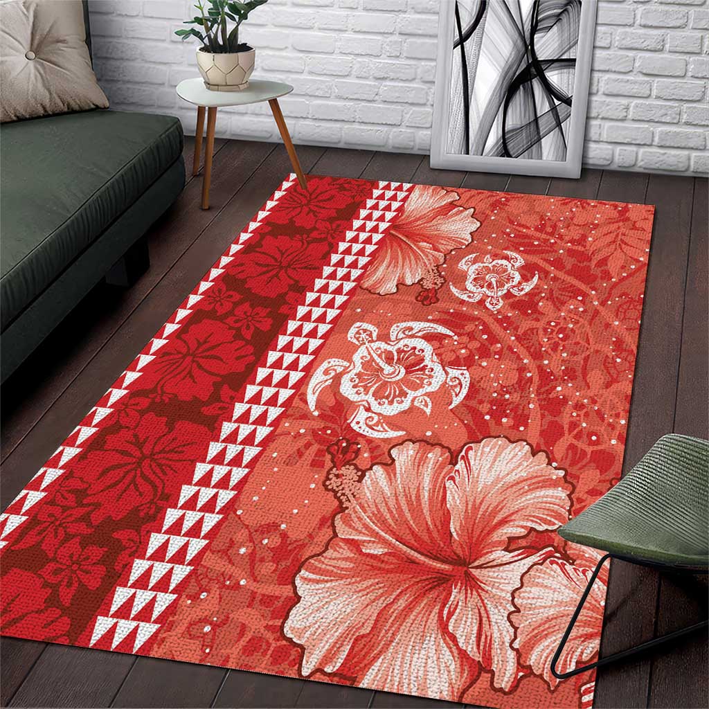 Red Hibiscus Turle Area Rug Hawaiian Style Tribal Tapa Pattern LT9 Red - Polynesian Pride