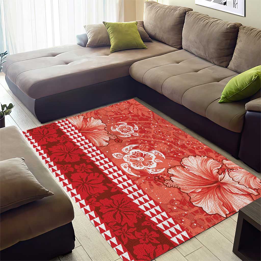 Red Hibiscus Turle Area Rug Hawaiian Style Tribal Tapa Pattern LT9 - Polynesian Pride