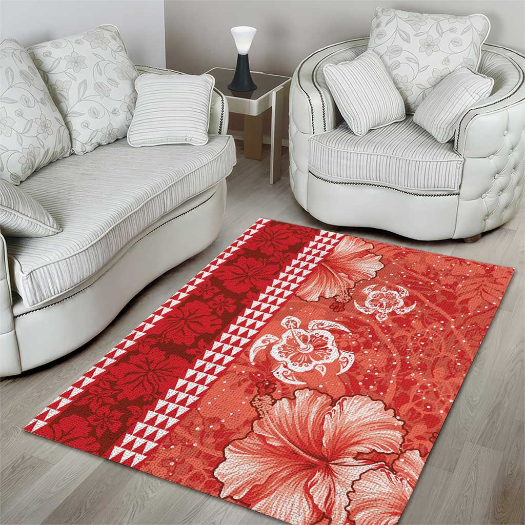 Red Hibiscus Turle Area Rug Hawaiian Style Tribal Tapa Pattern LT9 - Polynesian Pride