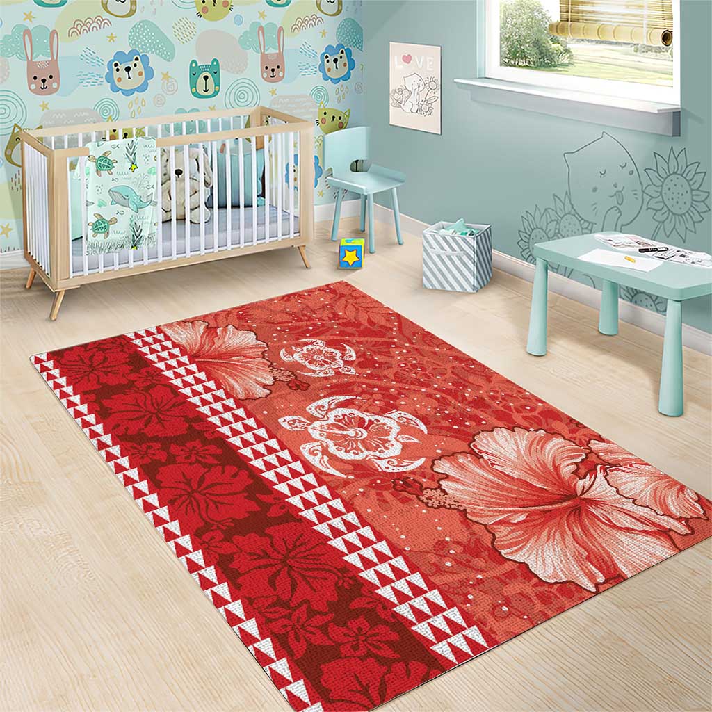 Red Hibiscus Turle Area Rug Hawaiian Style Tribal Tapa Pattern LT9 - Polynesian Pride