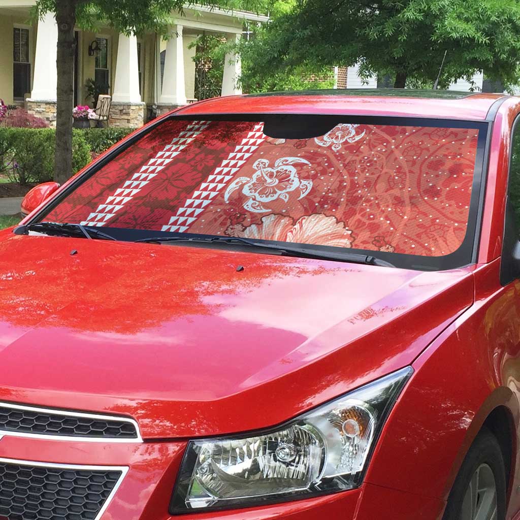 Red Hibiscus Turle Auto Sun Shade Hawaiian Style Tribal Tapa Pattern - Polynesian Pride