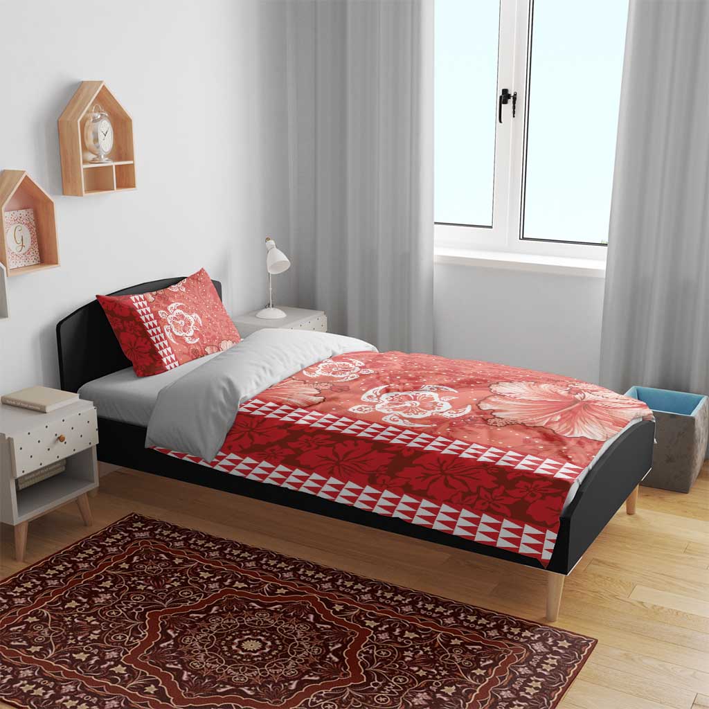 Red Hibiscus Turle Bedding Set Hawaiian Style Tribal Tapa Pattern