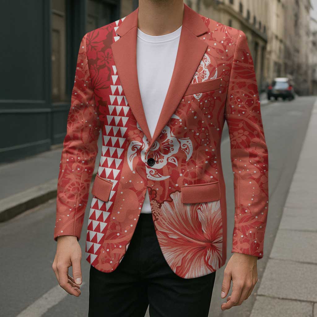 Red Hibiscus Turle Blazer Hawaiian Style Tribal Tapa Pattern - Polynesian Pride