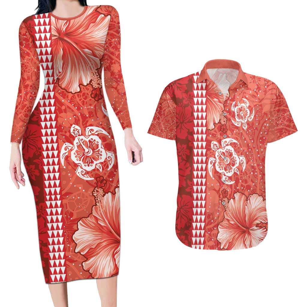 Red Hibiscus Turle Couples Matching Long Sleeve Bodycon Dress and Hawaiian Shirt Hawaiian Style Tribal Tapa Pattern LT9 Red - Polynesian Pride