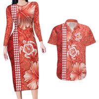 Red Hibiscus Turle Couples Matching Long Sleeve Bodycon Dress and Hawaiian Shirt Hawaiian Style Tribal Tapa Pattern LT9 Red - Polynesian Pride
