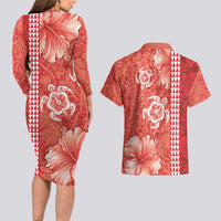 Red Hibiscus Turle Couples Matching Long Sleeve Bodycon Dress and Hawaiian Shirt Hawaiian Style Tribal Tapa Pattern LT9 - Polynesian Pride