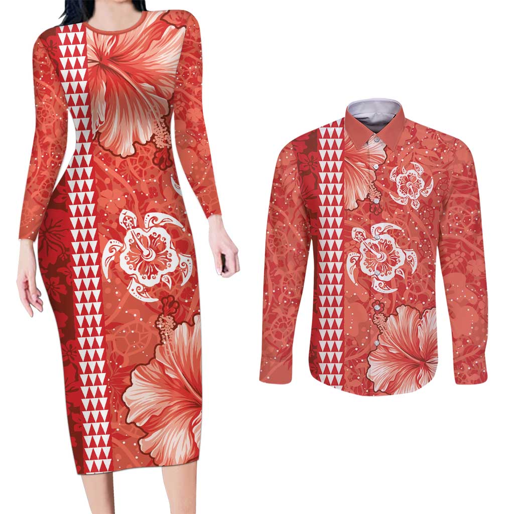 Red Hibiscus Turle Couples Matching Long Sleeve Bodycon Dress and Long Sleeve Button Shirt Hawaiian Style Tribal Tapa Pattern LT9 Red - Polynesian Pride