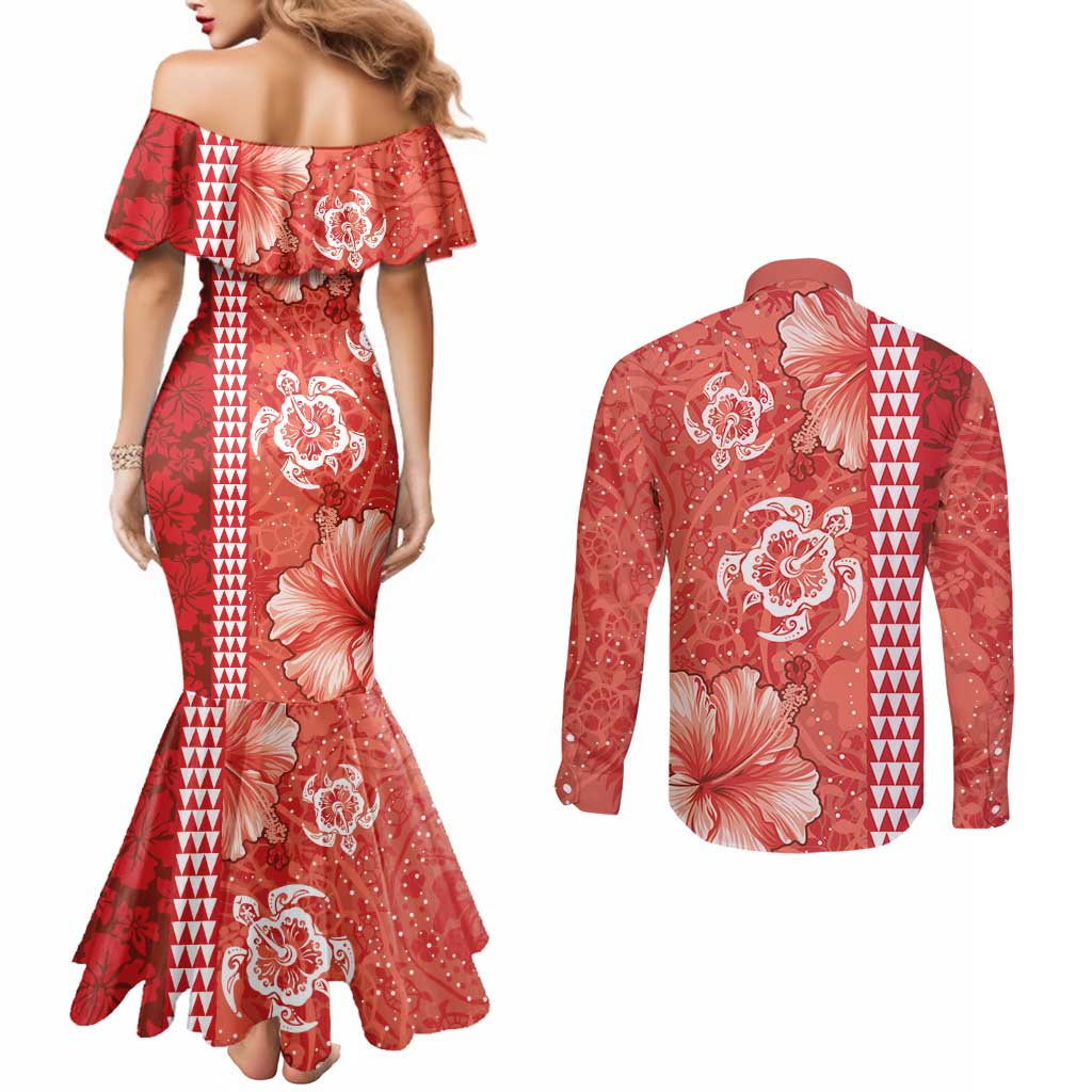 Red Hibiscus Turle Couples Matching Mermaid Dress and Long Sleeve Button Shirt Hawaiian Style Tribal Tapa Pattern LT9 - Polynesian Pride
