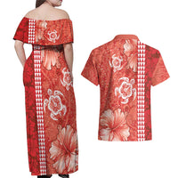 Red Hibiscus Turle Couples Matching Off Shoulder Maxi Dress and Hawaiian Shirt Hawaiian Style Tribal Tapa Pattern LT9 - Polynesian Pride
